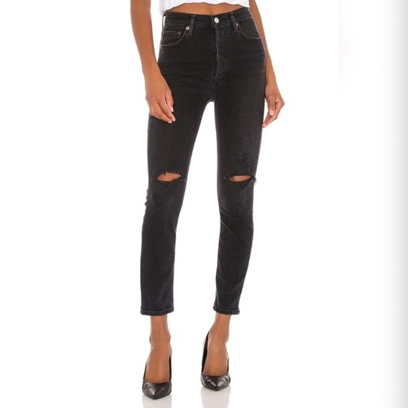 Agolde Black Jeans Nico High Wiasted Ripped Knee Button Fly - Picture 1 of 11